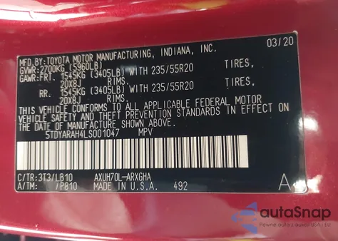 2020 Toyota Highlander Hybrid Limited from USA, damaged, VIN 5TDYARAH4LS001047